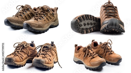 Four pairs of brown hiking boots photo