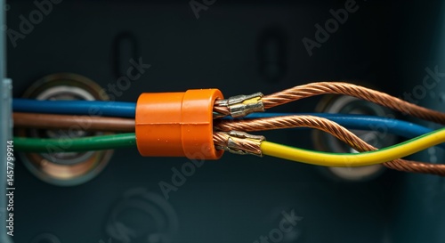 Close-up view of multiple colored electrical wires connected to bare copper wires using an orange connector inside a dark electrical box, showing the wiring process