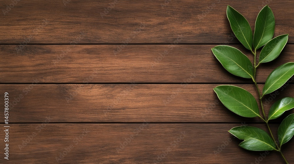 A branch with green leaves lies on a wooden surface with horizontal planks, creating a natural, minimalist background. A branch with green leaves lies on a wooden surface with horizontal planks, creating a natural, minimalist background.