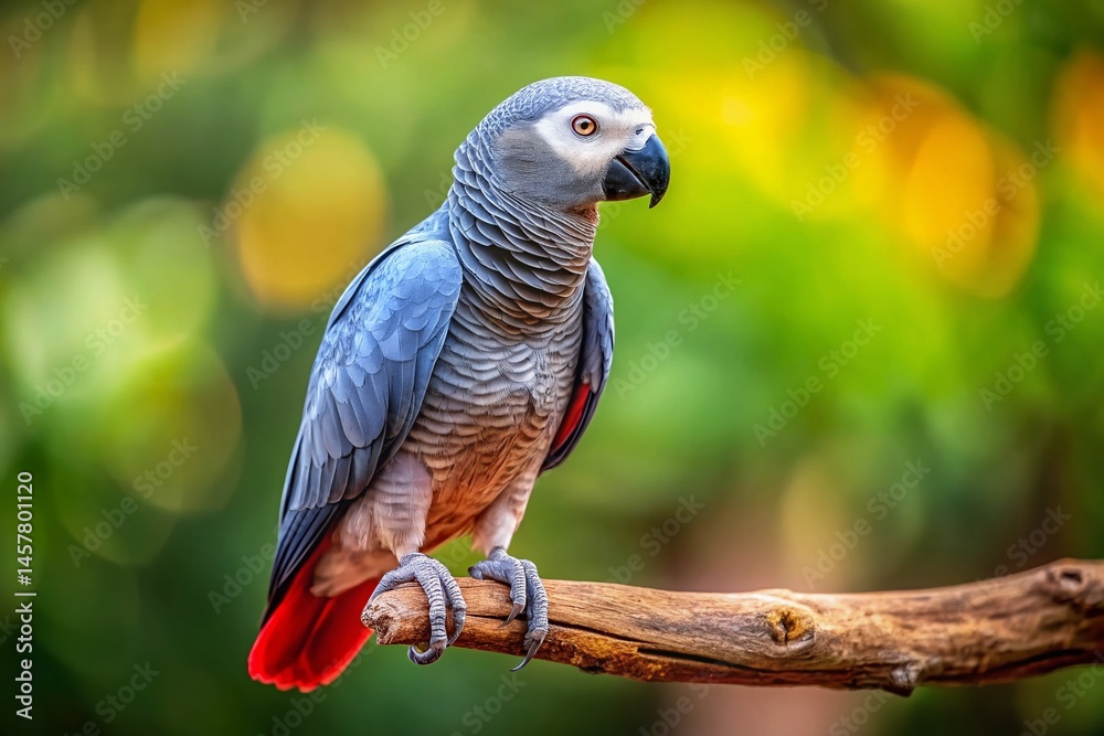Fototapeta premium Playful Grey Parrot with Red Tail Feathers on Branch - Vibrant Bird Stock Photo