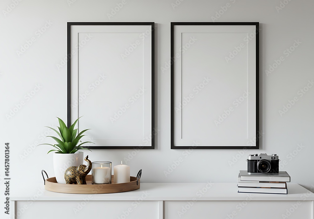 Fototapeta premium Two frames above a white dresser with a plant candles elephant and camera on books in a bright room
