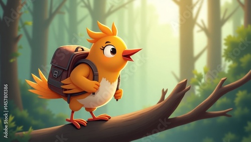 cute cartoon bird wearing a tiny backpack, hiking up a twig with a determined chirp, forest trail setting, adventurous and adorable style