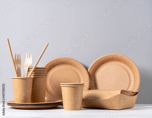 A vibrant set of disposable paper plates and cups featuring colorful patterns, perfect for parties or picnics, adding a festive touch to any gathering. photo