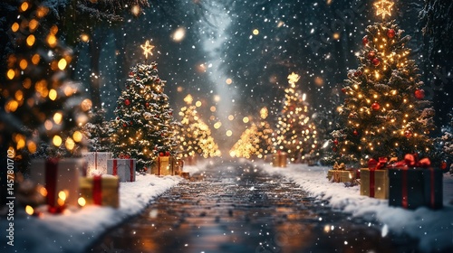Christmas trees, snowy path, warm lights, magical night, perfect for holiday cards photo