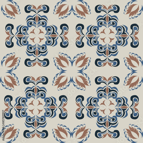 Seamless Tile pattern with blue, brown, and deep blue floral background elements.
