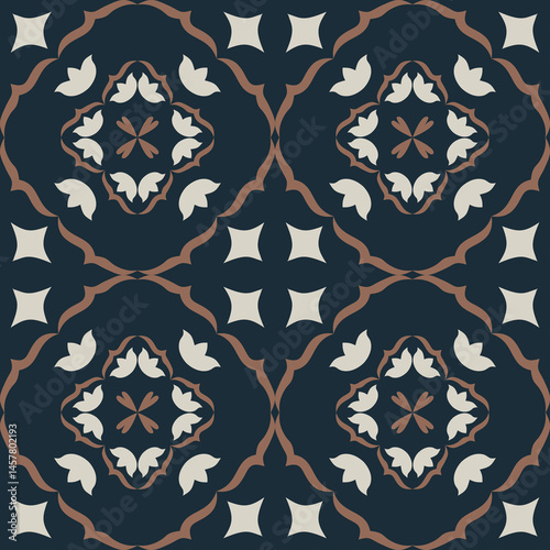 Seamless Tile pattern with blue, brown, and deep blue floral background elements.