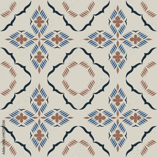 Seamless Tile pattern with blue, brown, and deep blue floral background elements.