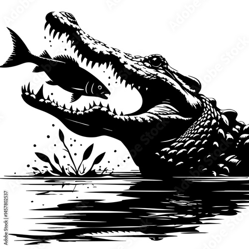 Crocodile catching fish: A black and white wildlife illustration
