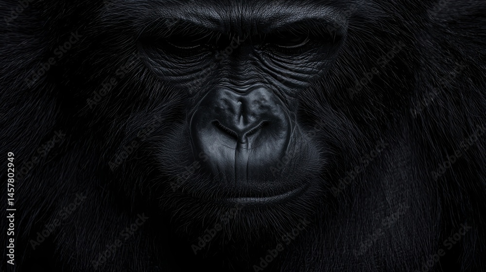 Intense close-up of a gorilla's face, highlighting its textured skin and deep, expressive features. Intense close-up of a gorilla's face, highlighting its textured skin and deep, expressive features.