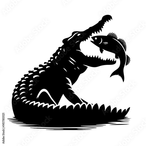 Crocodile Catching Fish: Wild Predator Silhouette