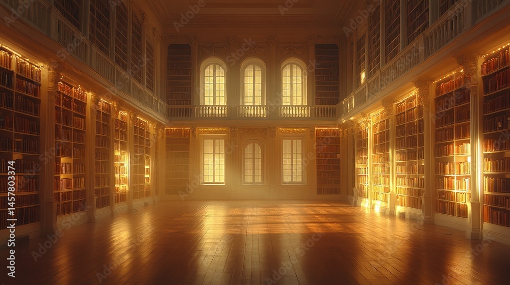 Fototapeta premium Grand library interior bathed in warm light features bookshelves and gleaming wooden floorboards.