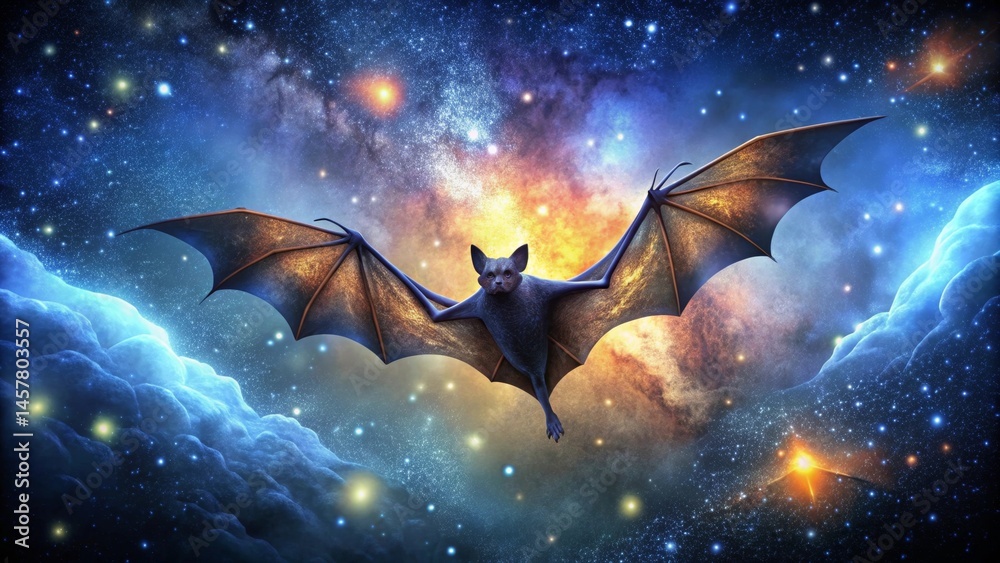 Naklejka premium A Majestic Night Creature Soaring Through a Cosmic Nebula, Its Wings Gleaming with Celestial Dust