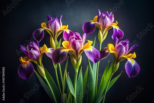 Purple and Yellow Iris Flower Seamless Pattern, Dark Background Minimalist Design