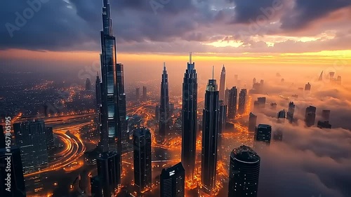 Aerial view of Dubai skyline at sunset with clouds