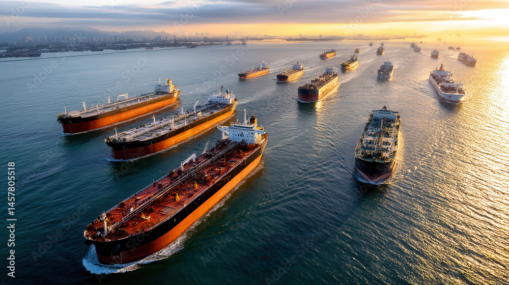 Naklejka premium Fleet of cargo ships and oil tankers sailing on calm sea during sunrise, creating serene and industrial atmosphere