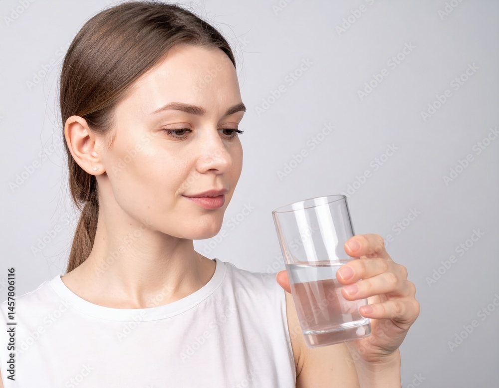A cheerful woman with long brown hair smiles as she holds up a clear glass of water, sunlight glinting off the surface, in a cozy kitchen setting. A cheerful woman with long brown hair smiles as she holds up a clear glass of water, sunlight glinting off the surface, in a cozy kitchen setting.
