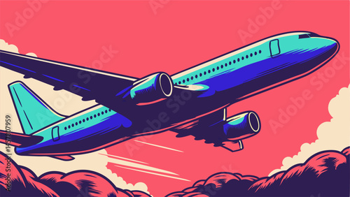 Airplane Taking Off, Retro Style Illustration