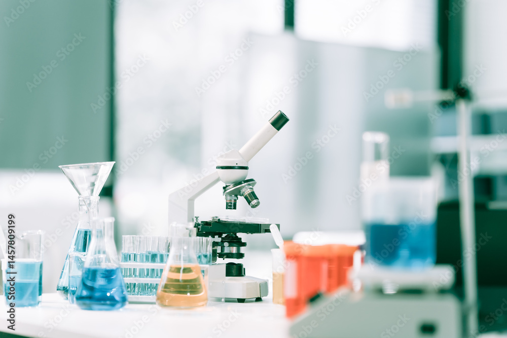 A white male scientist at a table, studying blue substances in test tubes and bottles, using a microscope for chemical research in pharmaceuticals, analyzing compounds for medical advancements
