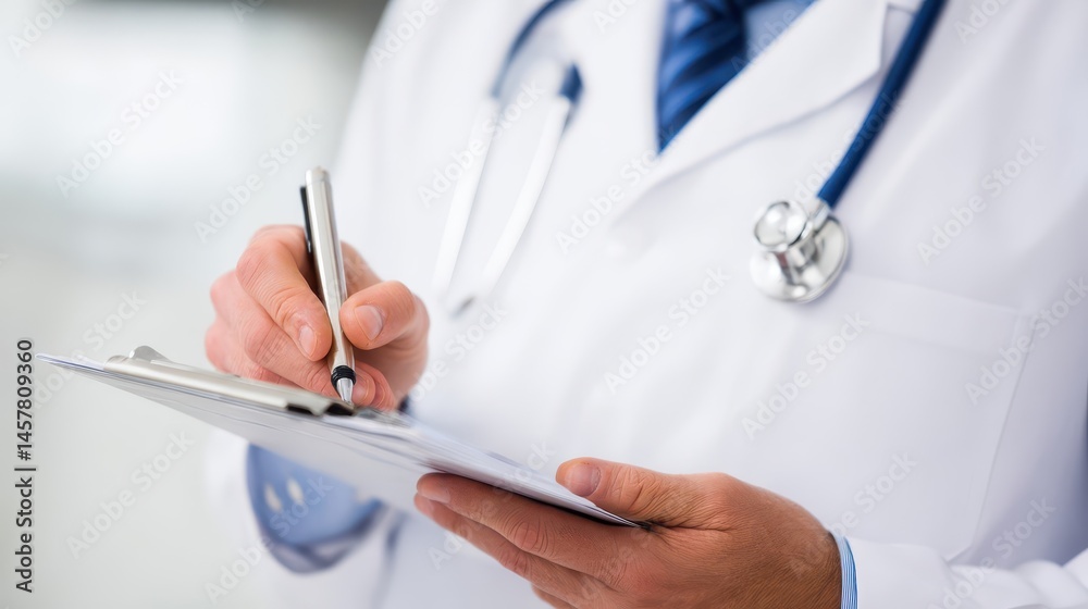 Close-up of a medical professional writing on a clipboard. Close-up of a medical professional writing on a clipboard.