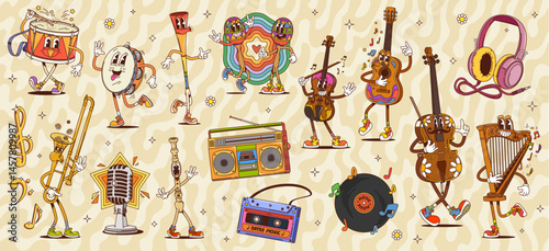 Cartoon groovy musical characters. Psychedelic music instrument vector personages, vinyl record, microphone, radio, cassette and headphones. Hippie guitar, violin, drum, flute, trumpet, harp and cello