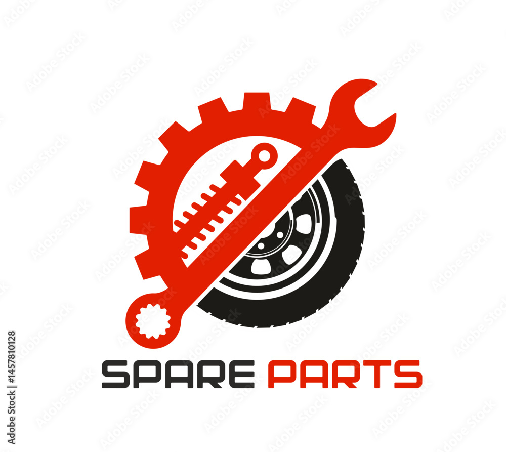 Auto mechanic spare part business icon. Transportation industry garage equipment vector symbol, vehicle repair service tools icon. Auto mechanic service sign with wrench, wheel and suspension spring