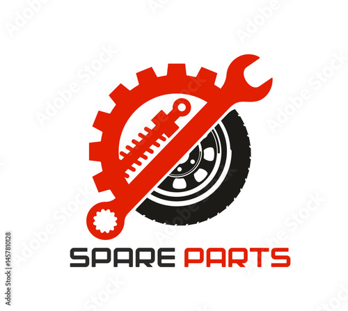 Auto mechanic spare part business icon. Transportation industry garage equipment vector symbol, vehicle repair service tools icon. Auto mechanic service sign with wrench, wheel and suspension spring