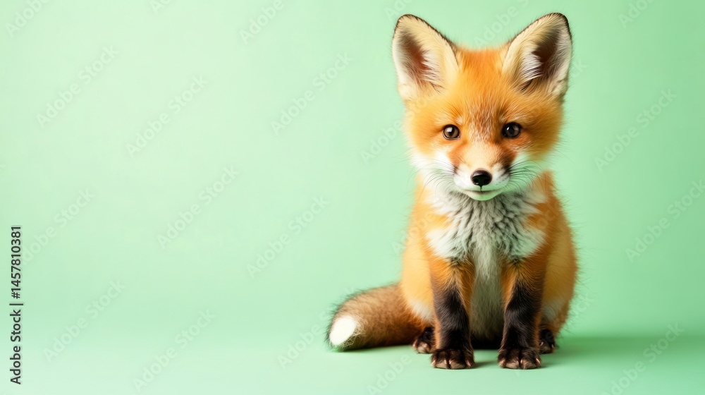 Fototapeta premium Red fox kit on green background