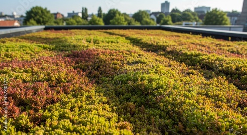 Green Rooftop Sedum Plants in Urban Setting