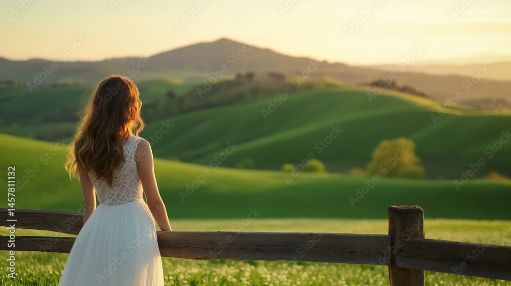 Woman in white dress gazes at rolling hills, sunset, and mountains Woman in white dress gazes at rolling hills, sunset, and mountains