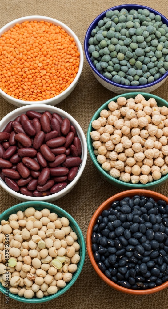 Assorted Legumes in Bowls: Red Lentils, Green Lentils, Kidney Beans, Chickpeas, and Black Assorted Legumes in Bowls: Red Lentils, Green Lentils, Kidney Beans, Chickpeas, and Black
