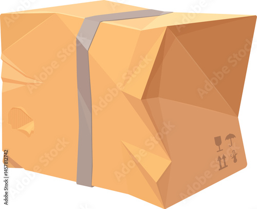 Damaged and crumpled package cardboard box cartoon. Broken crumpled shipping parcel, ripped crushed isolated vector cargo box. Damaged dirty paper package cartoon or destroyed wet delivery container