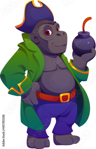 Cartoon gorilla monkey animal pirate or corsair character holding a lit bomb with a mischievous smile. Isolated vector menacing ape dressed as a nautical rover ready to embark on plundering sea voyage