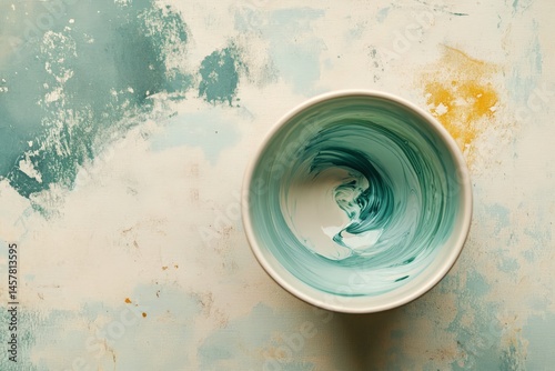 Empty bowl on textured surface, painted with swirling teal and cream colors.