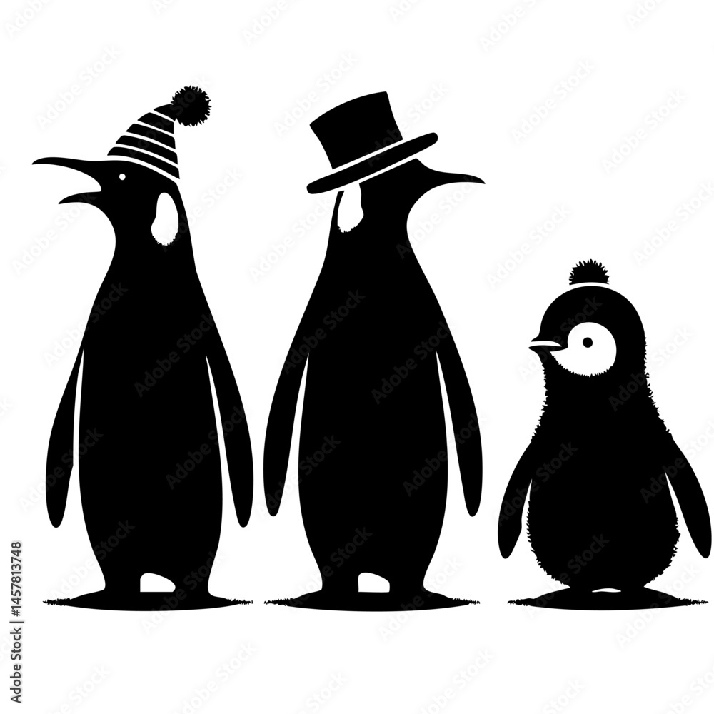 Obraz premium Three Penguins in Black and White Silhouette