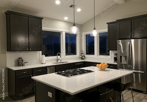A modern kitchen with dark cabinets white countertops and stainless steel appliances at nighttime view