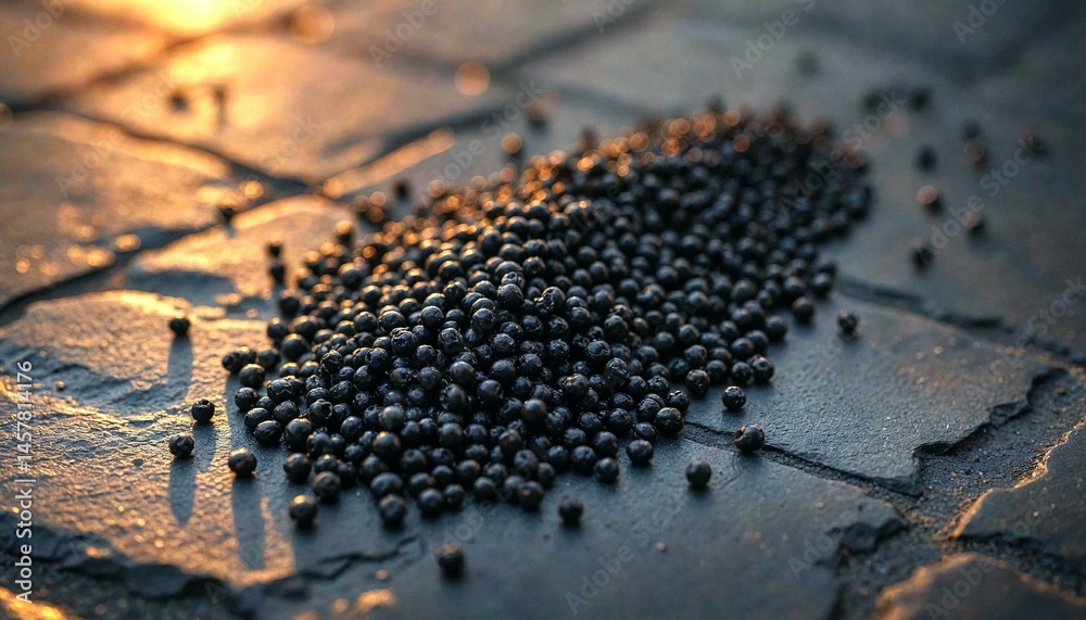 Minimalist blackened maize grains on slate at sunset