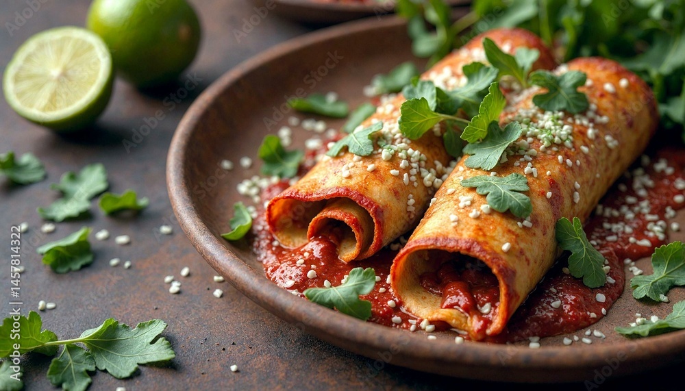 Red Mole Enchiladas with Lime on Textured Brown Surface