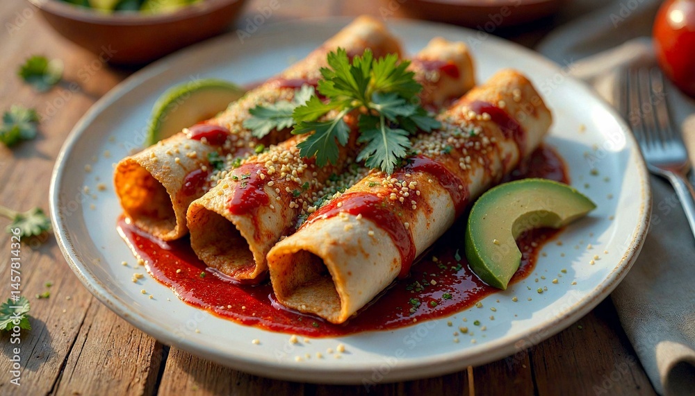 Red Sauce Enchiladas with Cilantro Avocado on White Plate