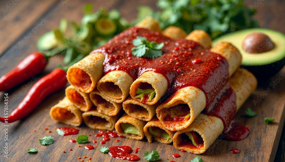 Glazed Enchiladas with Chili Peppers on Wood Surface