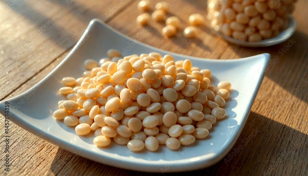 Golden Soybeans on Porcelain at Sunset