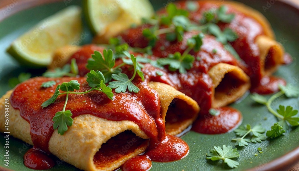 Golden-brown Enchiladas with Red Sauce and Lime
