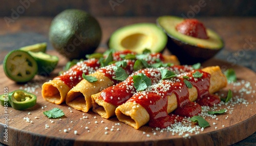 Obraz na płótnie Colorful Enchiladas with Red Sauce on Wooden Board w salonie