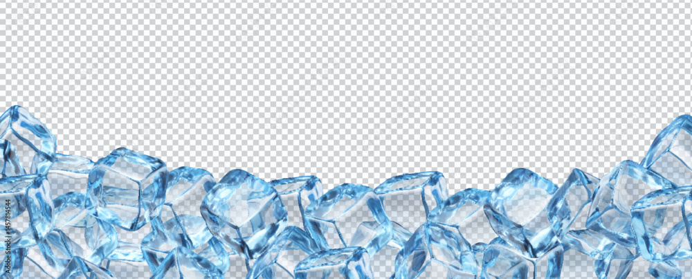 Realistic ice cubes background with crystal blocks. 3d vector frame, isolated border of blue transparent frozen water pieces. Glass or icy solid pieces, template for drink ads with clean square blocks