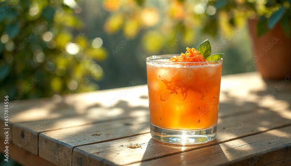 Carrot Margarita on Wooden Table with Sunlight