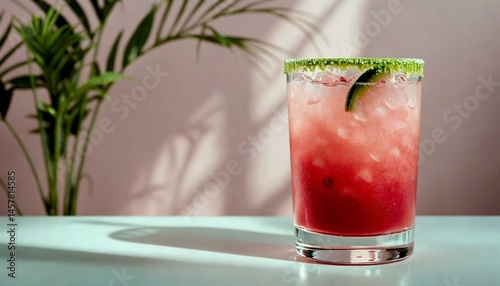 Vibrant Watermelon Margarita with Lime-Green Rim on Minimalist White Background
