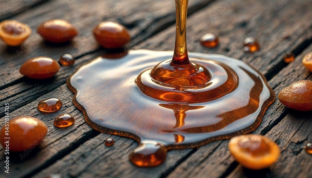Golden Honey Pours on Aged Wood with Tamarind Pods
