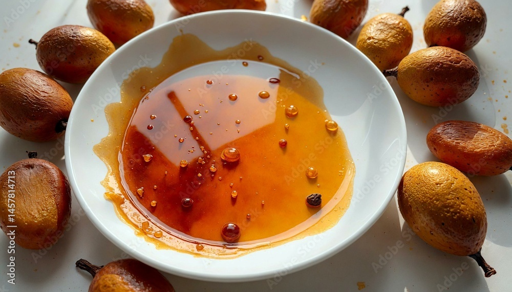 Vibrant Amber Honey Splatters on White Plate with Tamarind Pods