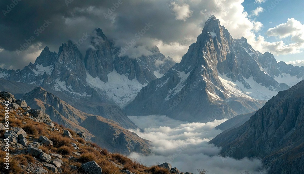Rugged Mountain Peaks Under Storm Clouds