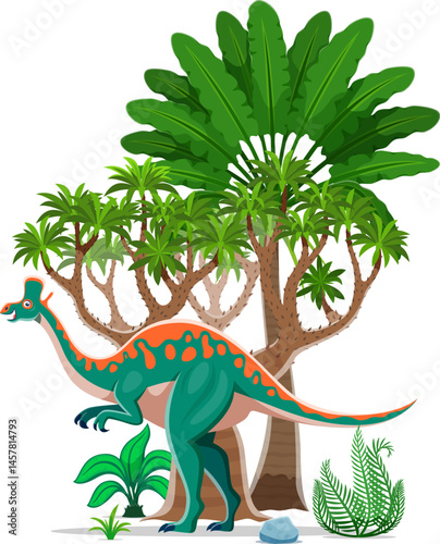 Lambeosaurus prehistoric dinosaur character. Cartoon vector colorful herbovore duck billed dino, ancient reptile in a lush, vibrant tropical landscape with palm tree, green bush, rock and fern plants