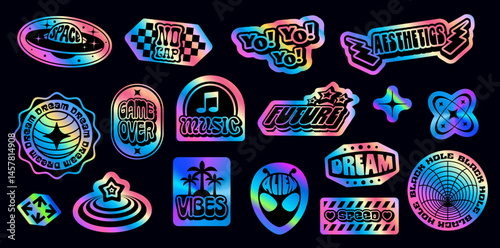 Holographic y2k groovy patch stickers, iridescent hologram retro funky labels. Rainbow gradient iridescent hologram stickers, holographic badges and tags with vector trendy y2k groovy symbols